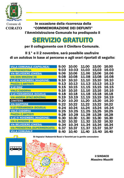 Domenica 1 e Luned 2 Novembre servizio gratuito per collegamento con Cimitero Comunale