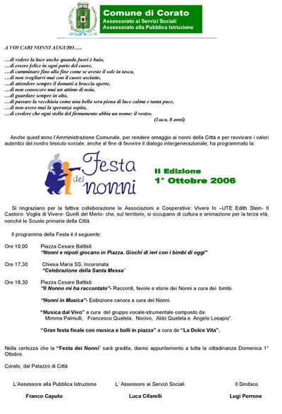 Domenica 1 ottobre 'Festa dei Nonni